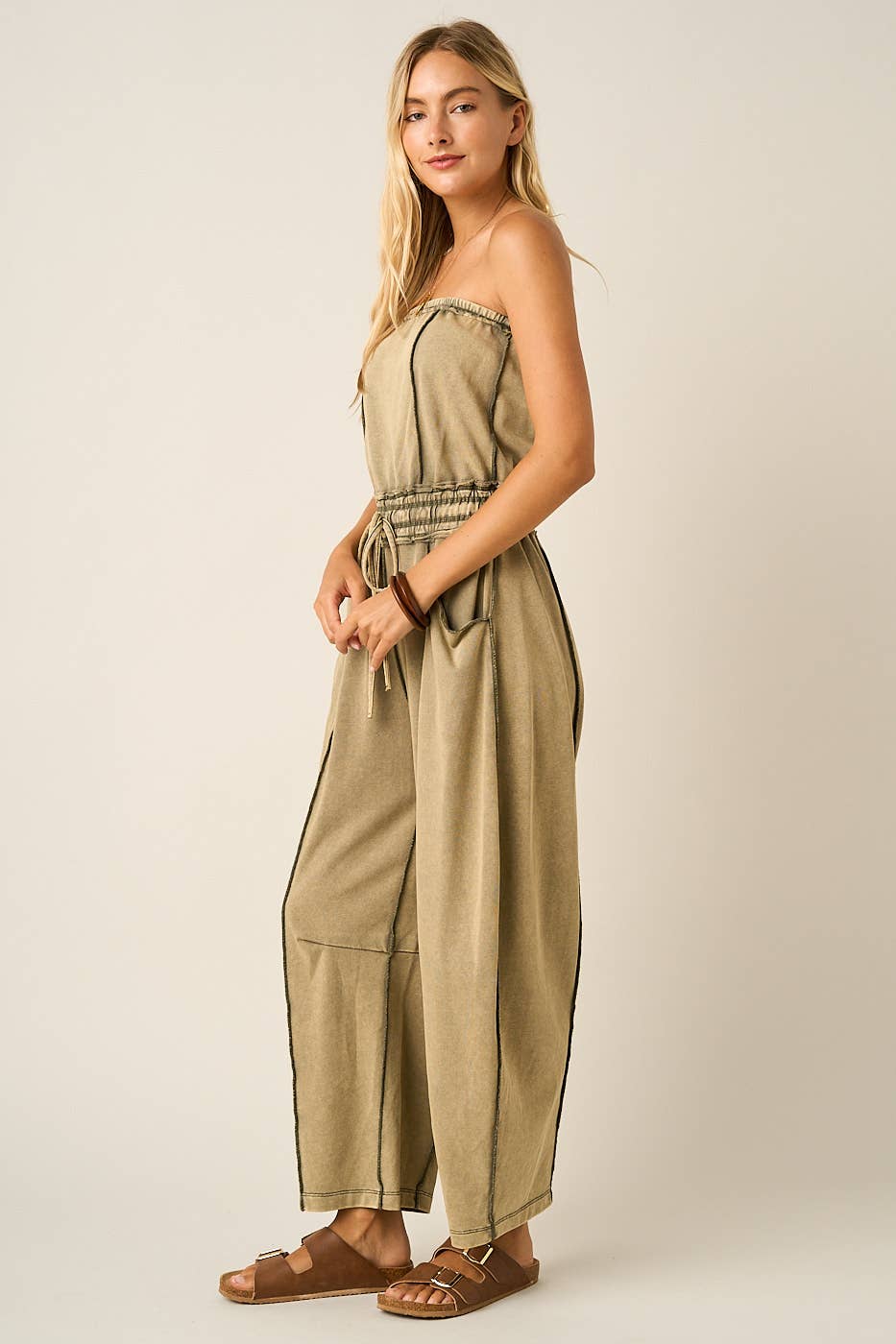 Matcha Mineral Wash Strapless Barrel Jumpsuit