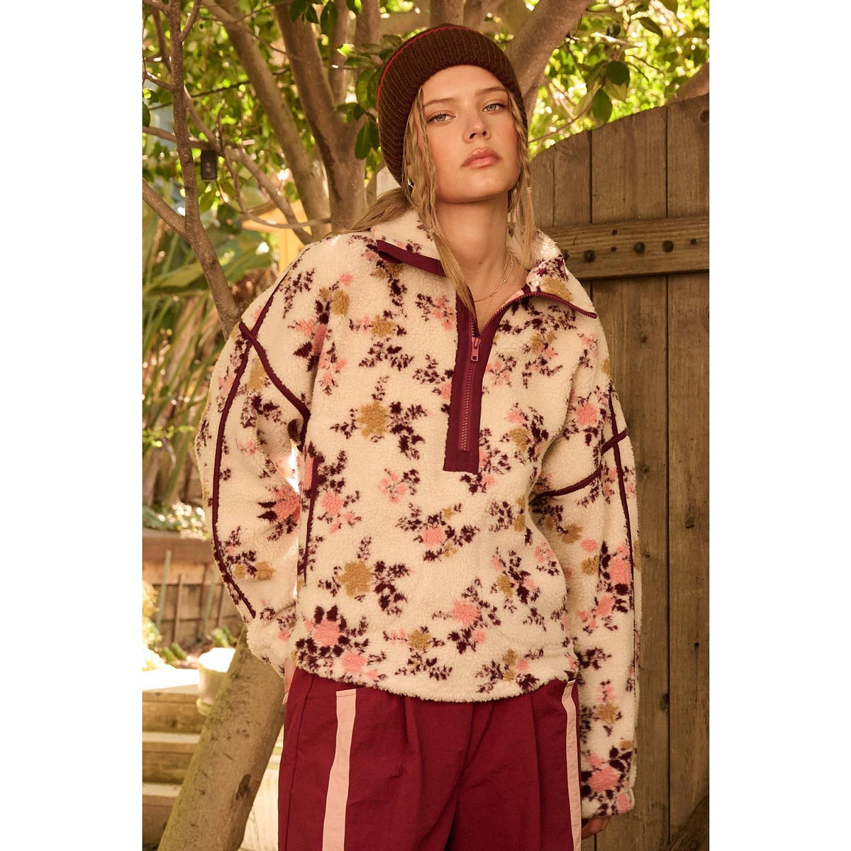 Floral Half-Zip Contrast Fleece Pullover