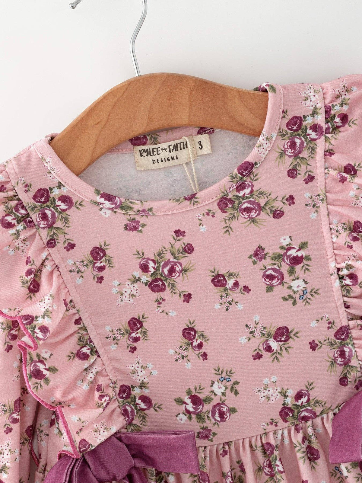 Mauve Fall Floral Bow Ruffle Dress