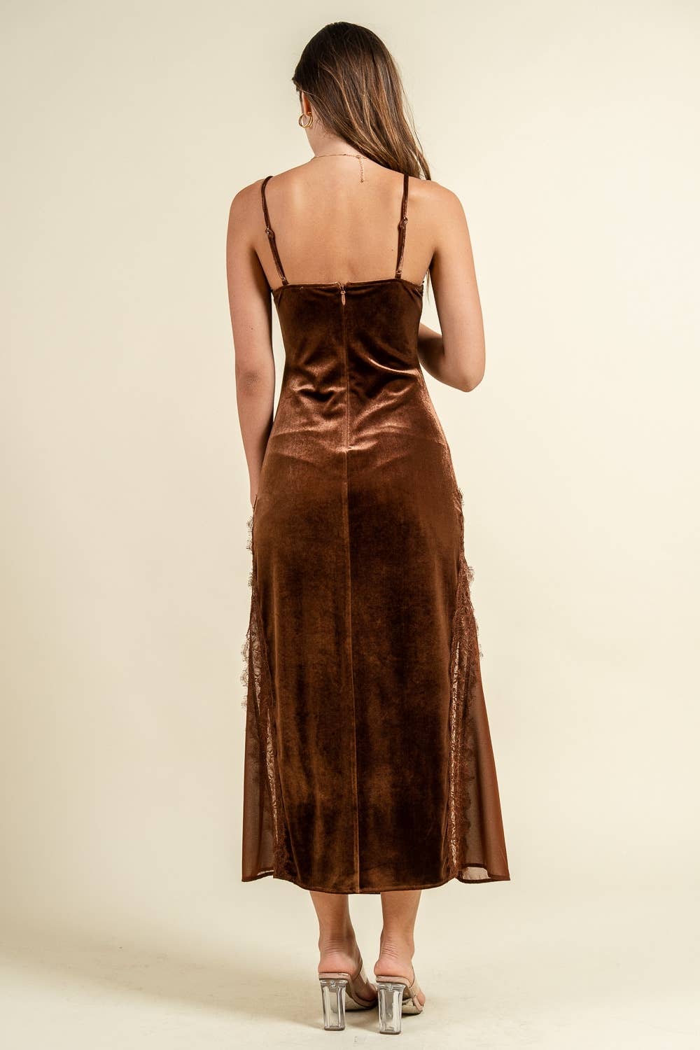 Mocha Velvet Lace Detail Maxi Dress
