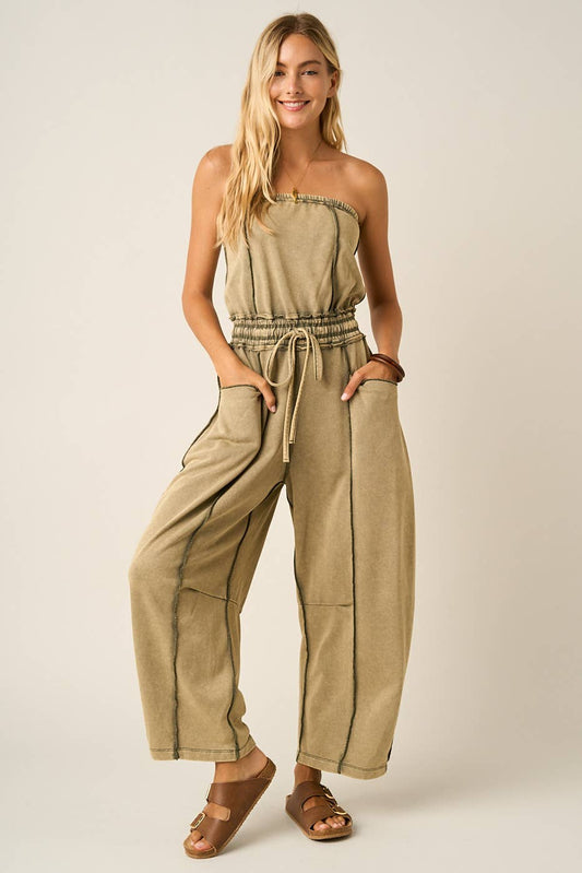 Matcha Mineral Wash Strapless Barrel Jumpsuit