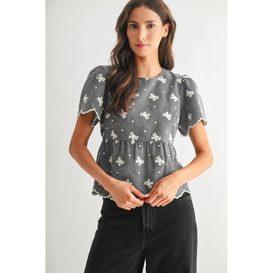 Embroidered Puff Sleeve Peplum