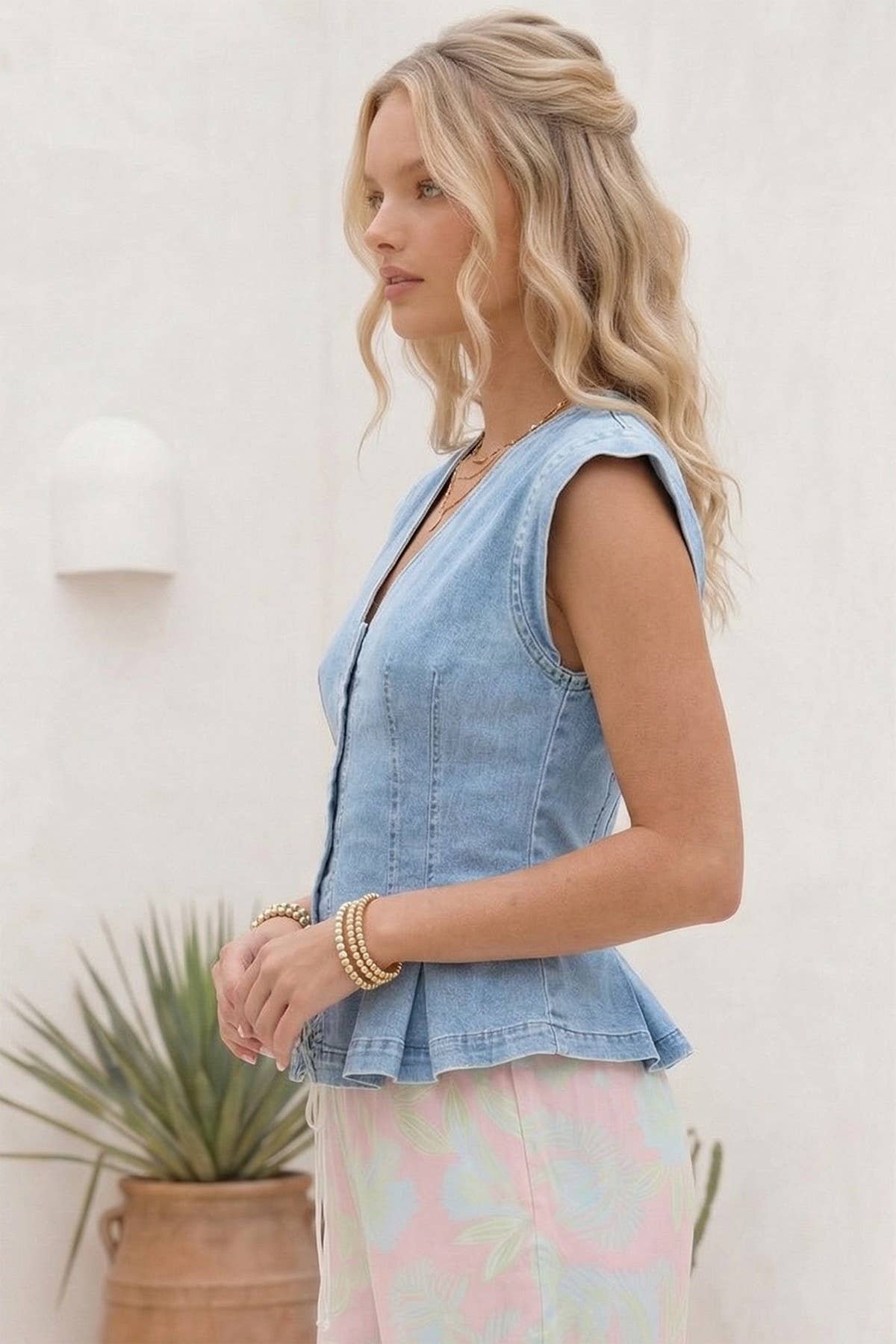 Executive Button Down Pleat Denim Top