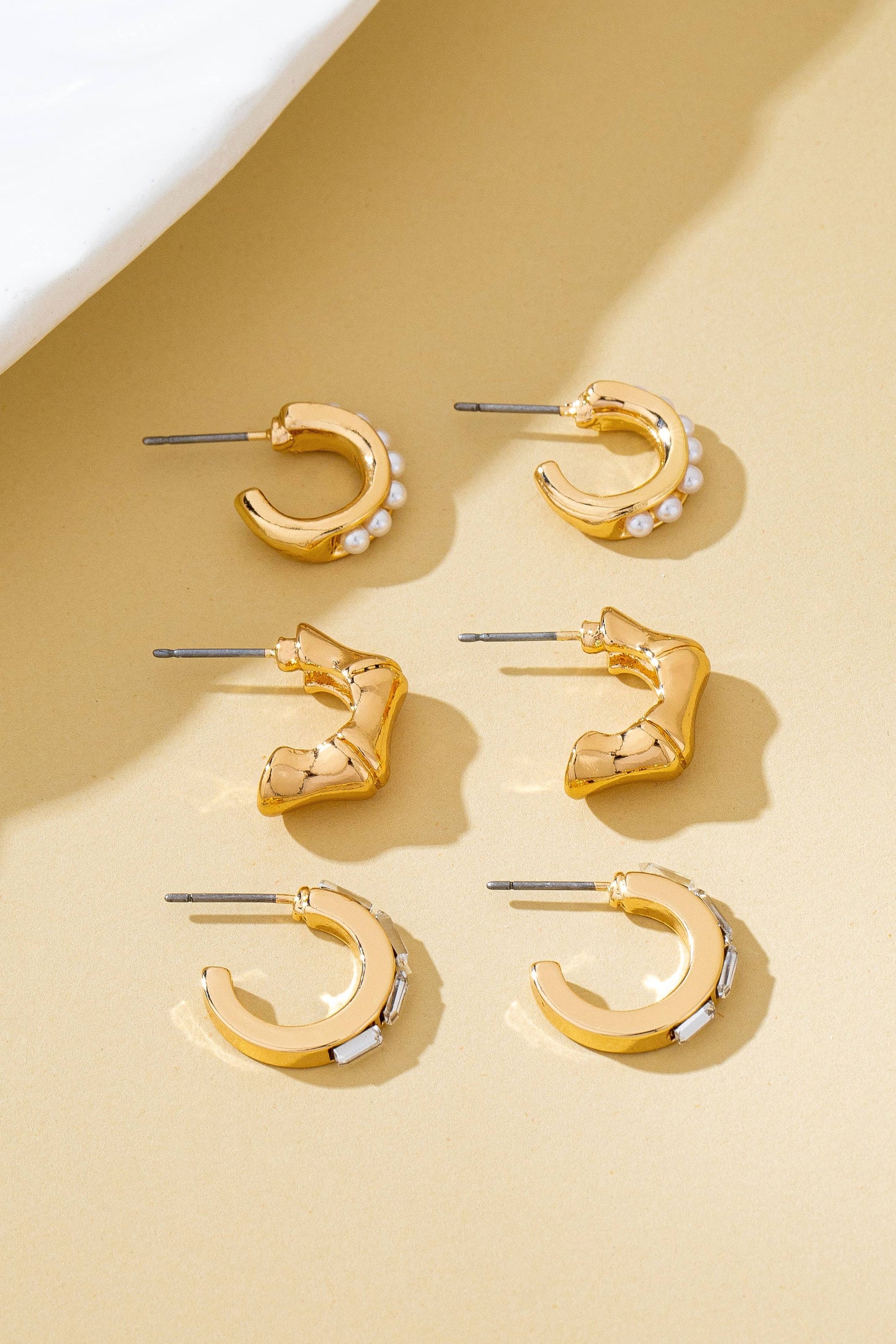 Pearl Rhinestone + Gold Bamboo Multi Hoop Trio Earrings