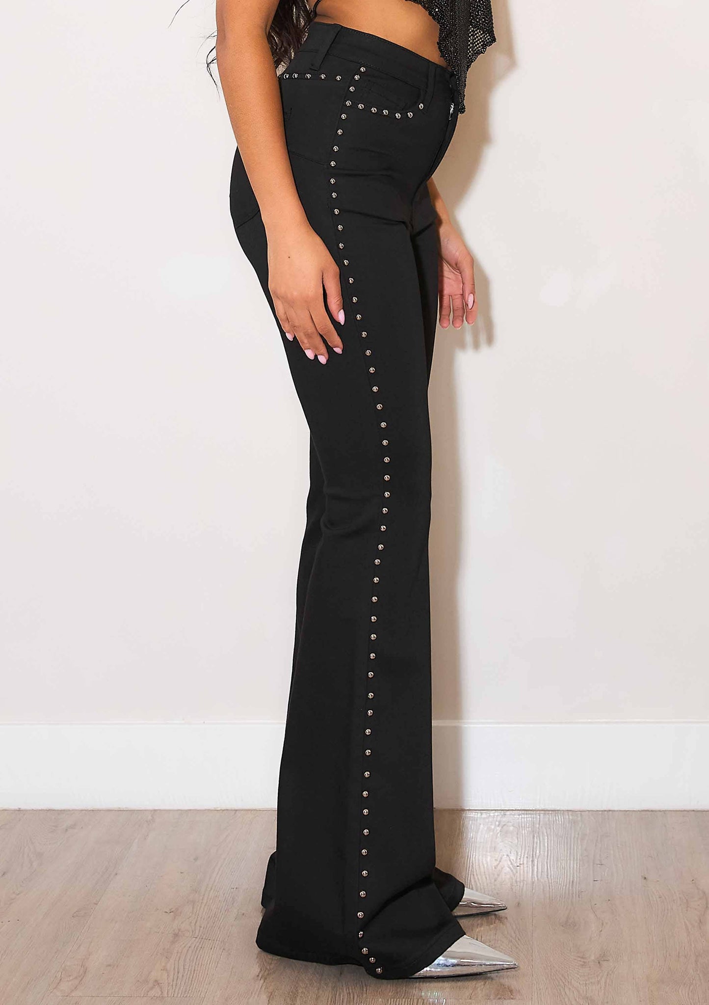 Black High-Rise Studded Flare Jeans