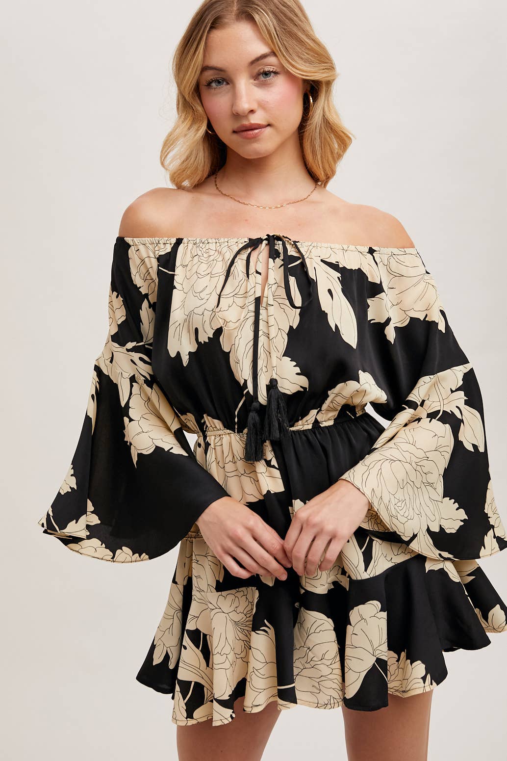 Black Beachy Floral Off The Shoulder Bell Sleeve Romper