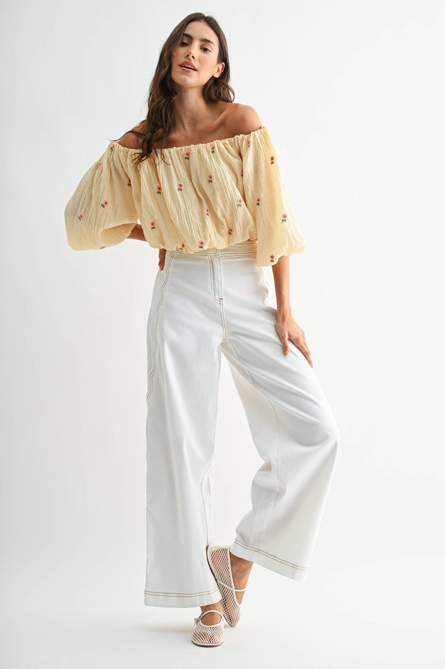 Off-The-Shoulder Lemonade Floral Embroidered Top