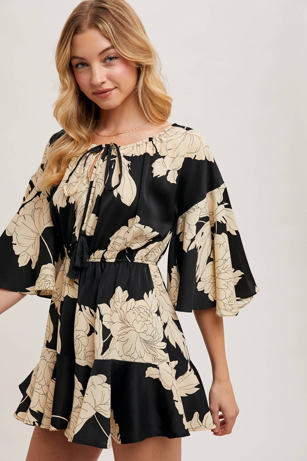 Black Beachy Floral Off The Shoulder Bell Sleeve Romper
