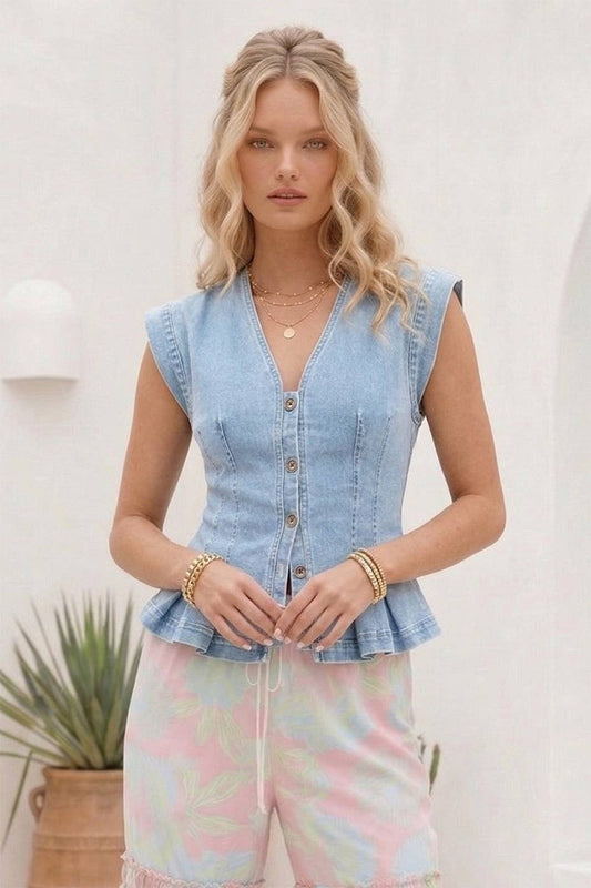 Executive Button Down Pleat Denim Top