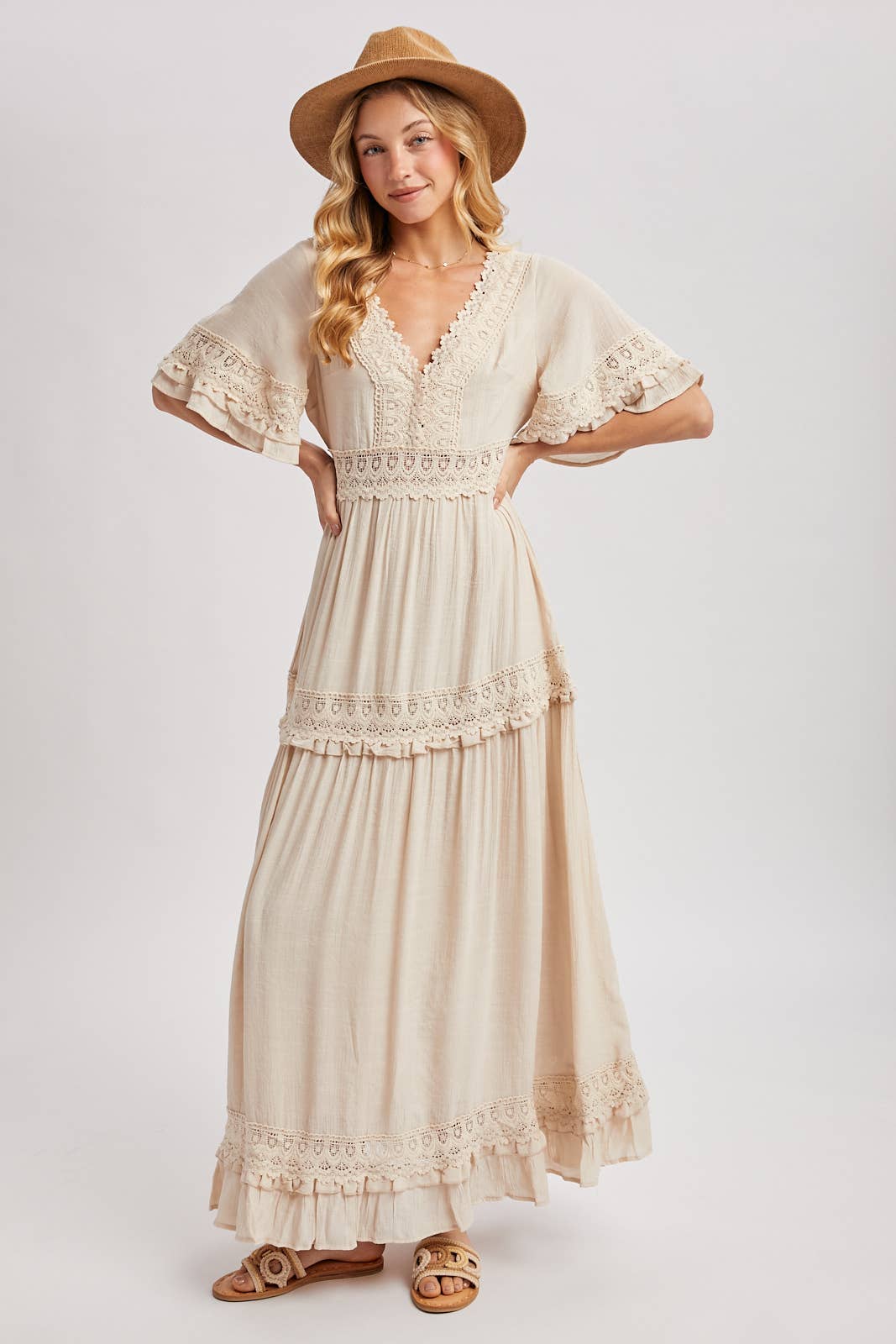 Ava V-Neck Lace Trim Maxi Dress