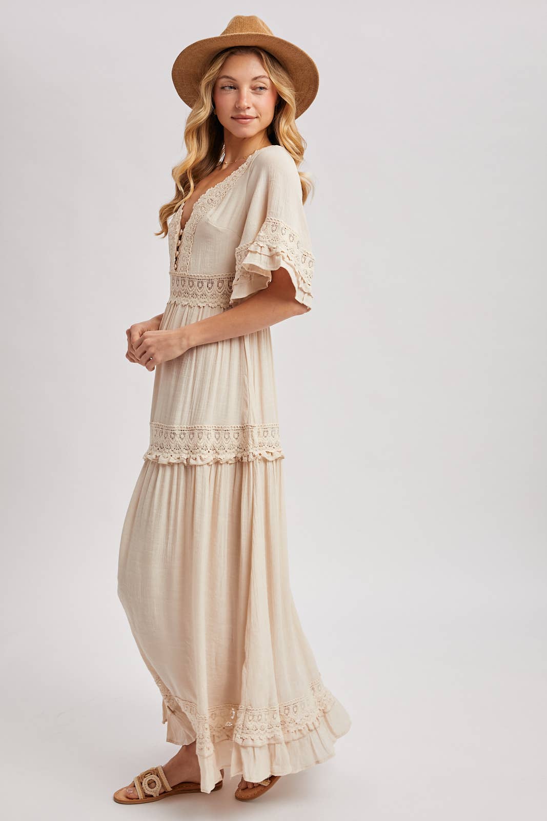 Ava V-Neck Lace Trim Maxi Dress