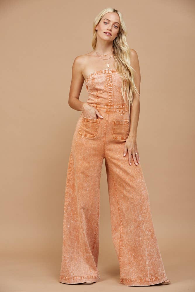 Boho Stone Wash Wide Leg Denim Jumpsuit