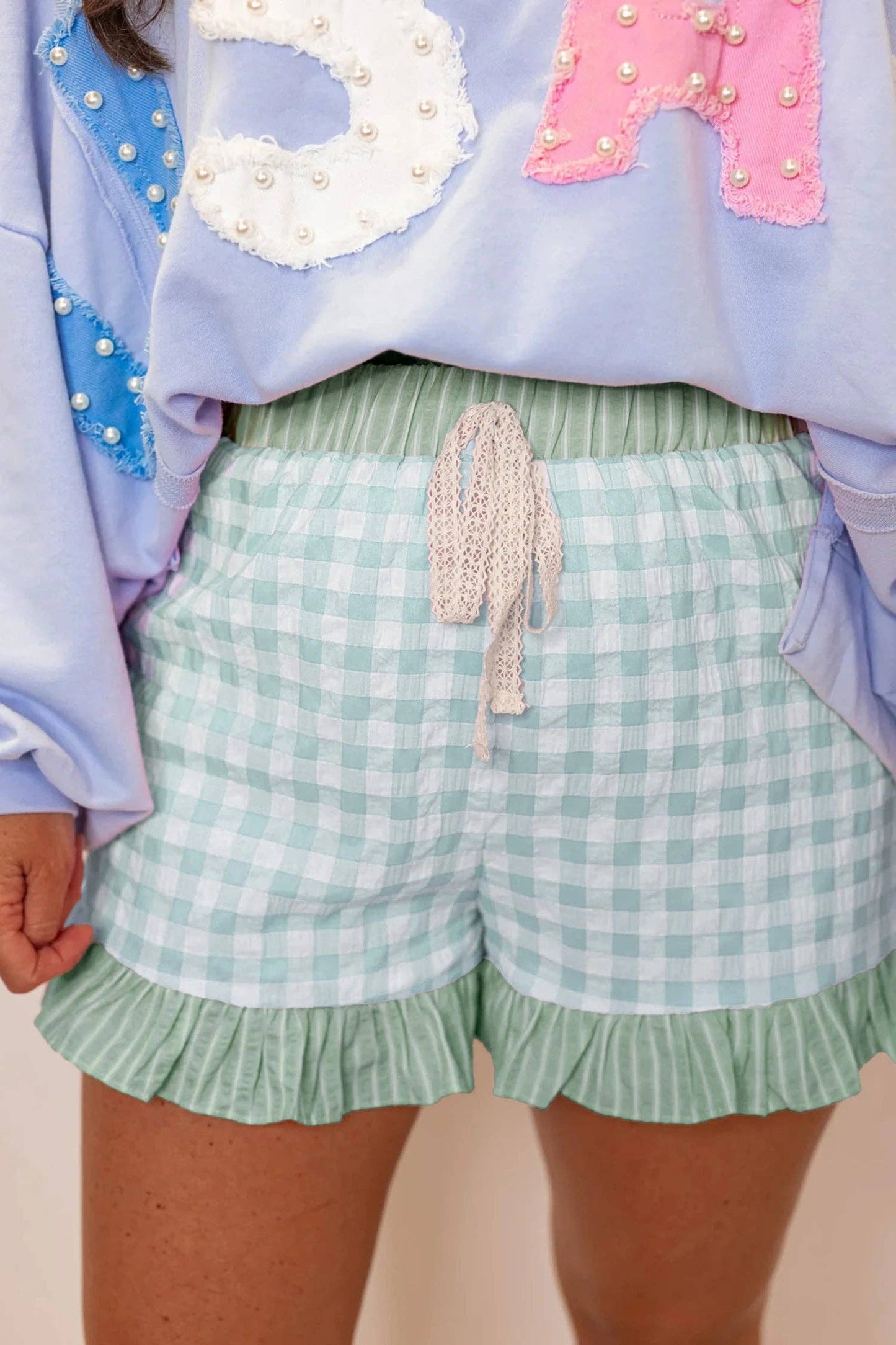Gingham Ruffle Hem High Waist Summer Shorts