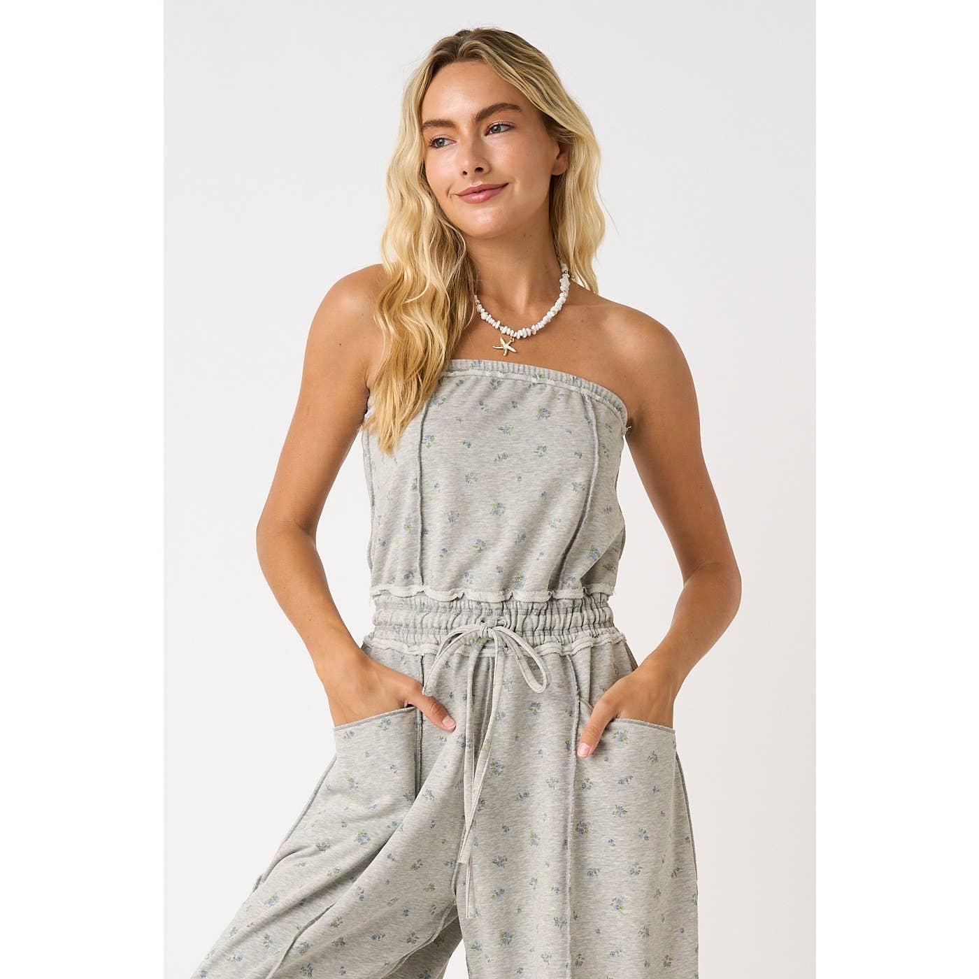 Floral Mineral Wash Contrast Stitch Barrel Leg Jumpsuit