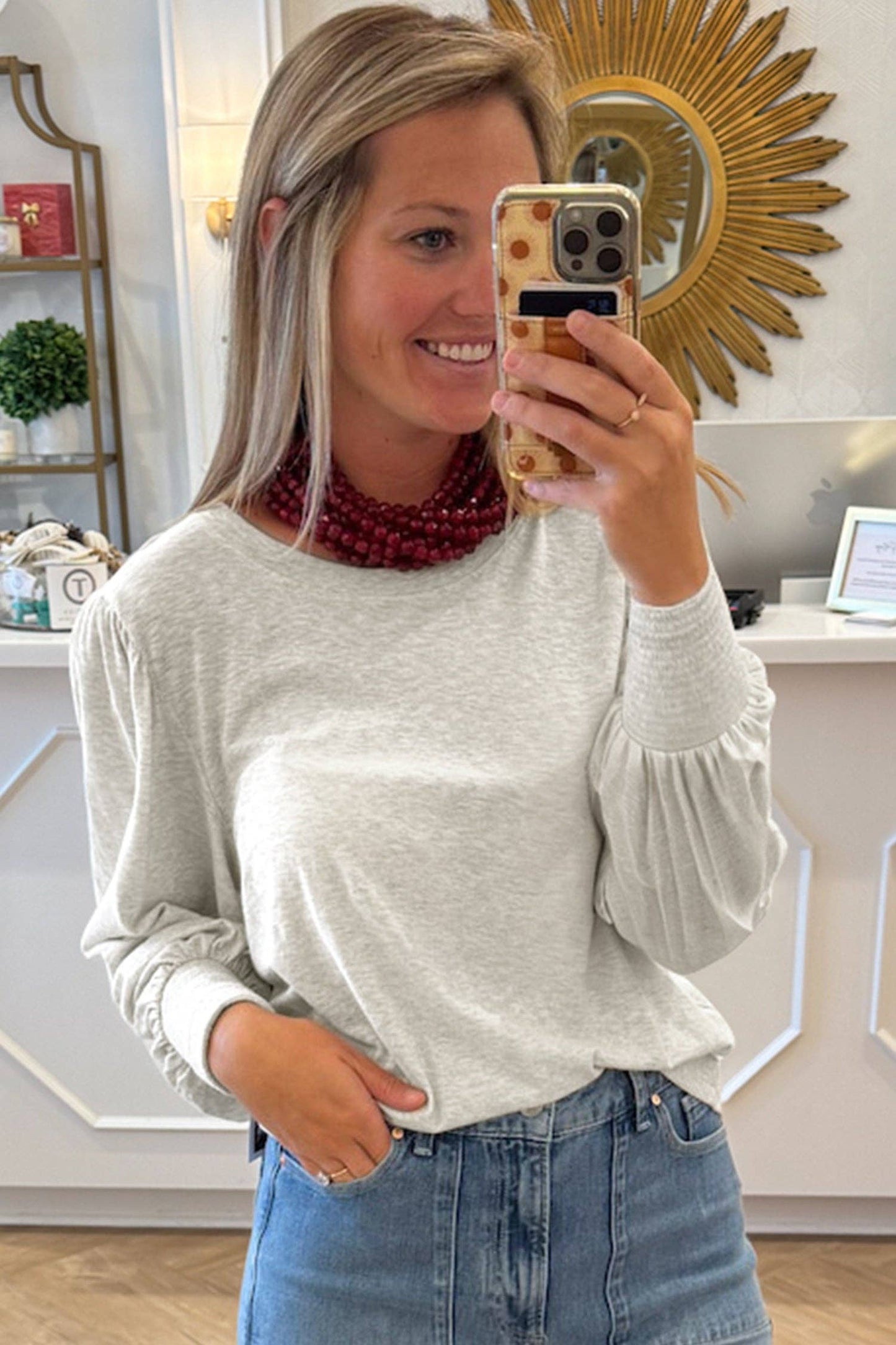 Oatmeal Shirred Cuff + Puff Sleeve Peasant Top