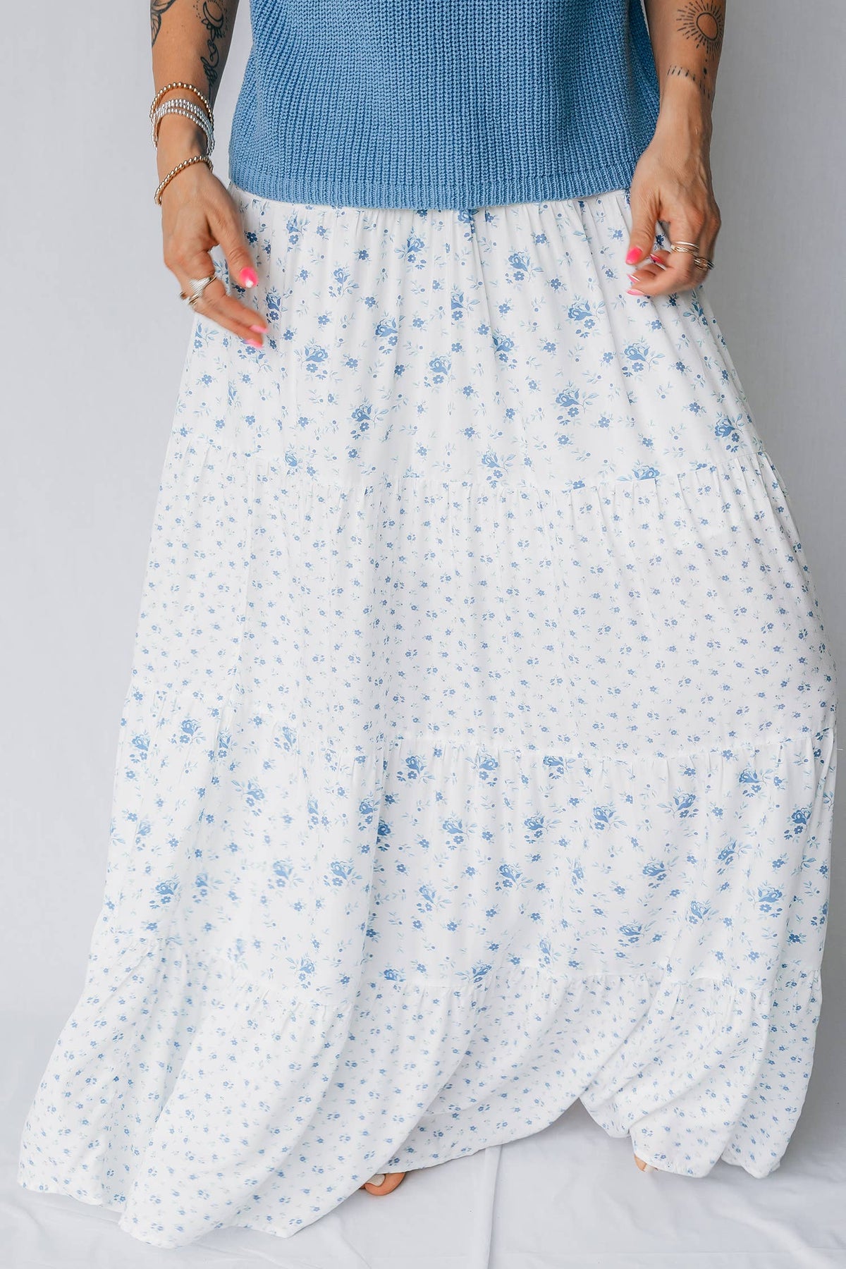 Hampton High Waist Delicate Blue Floral Boho Maxi Skirt