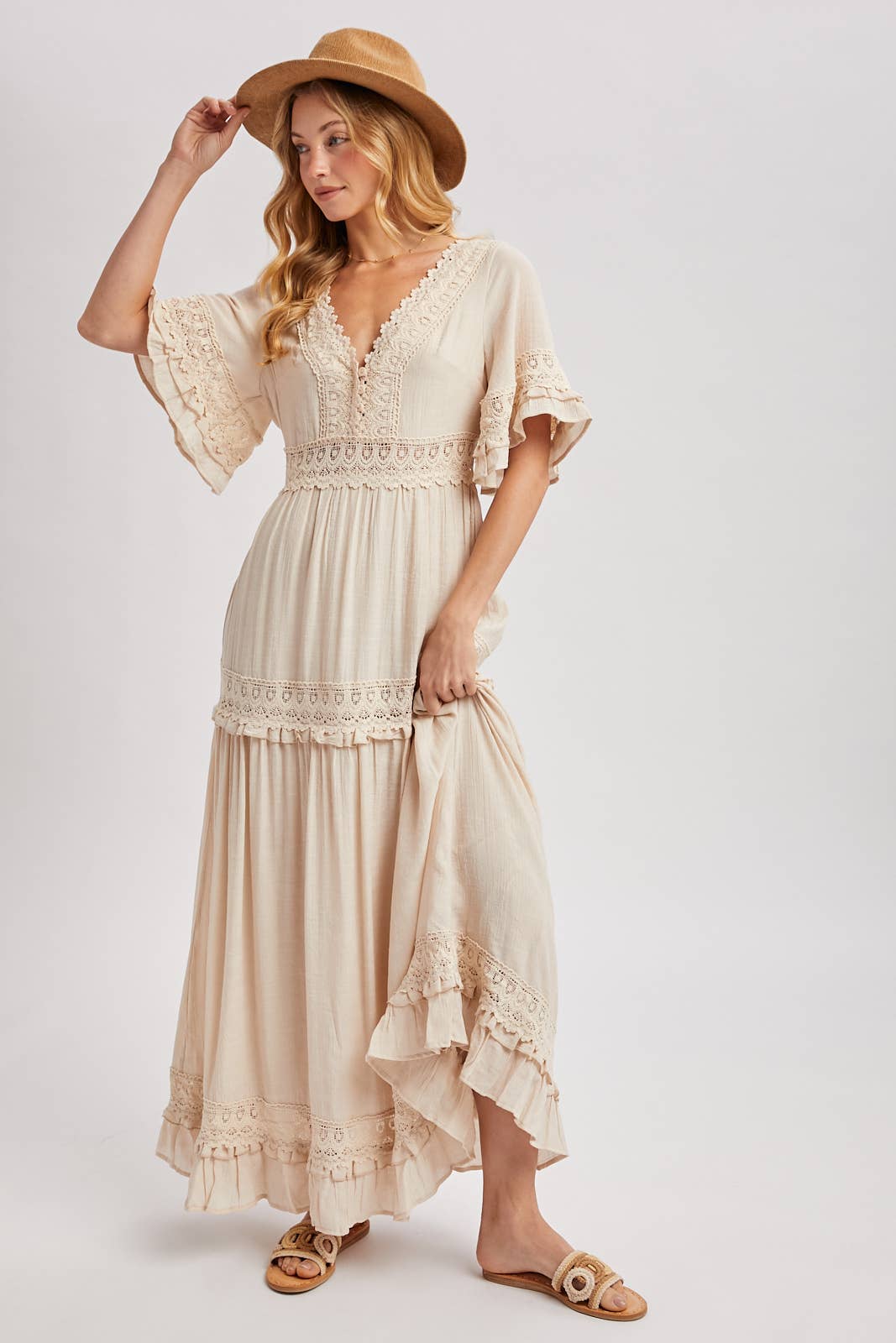 Ava V-Neck Lace Trim Maxi Dress