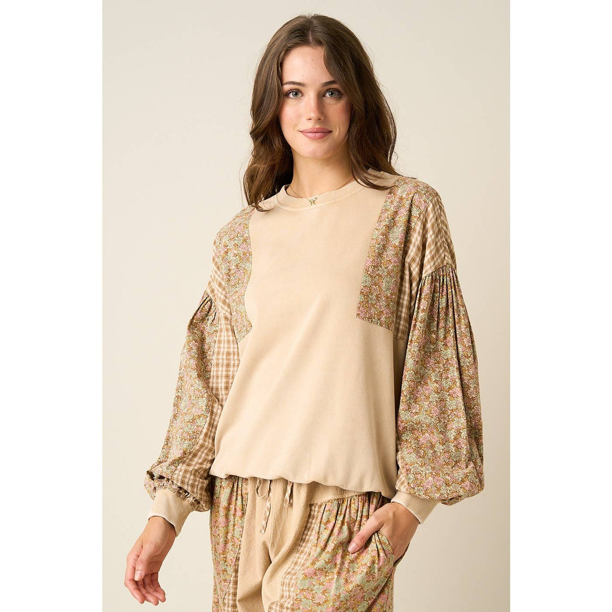 Ashlyn Patchwork Mixed Media Mineral Wash Crew
