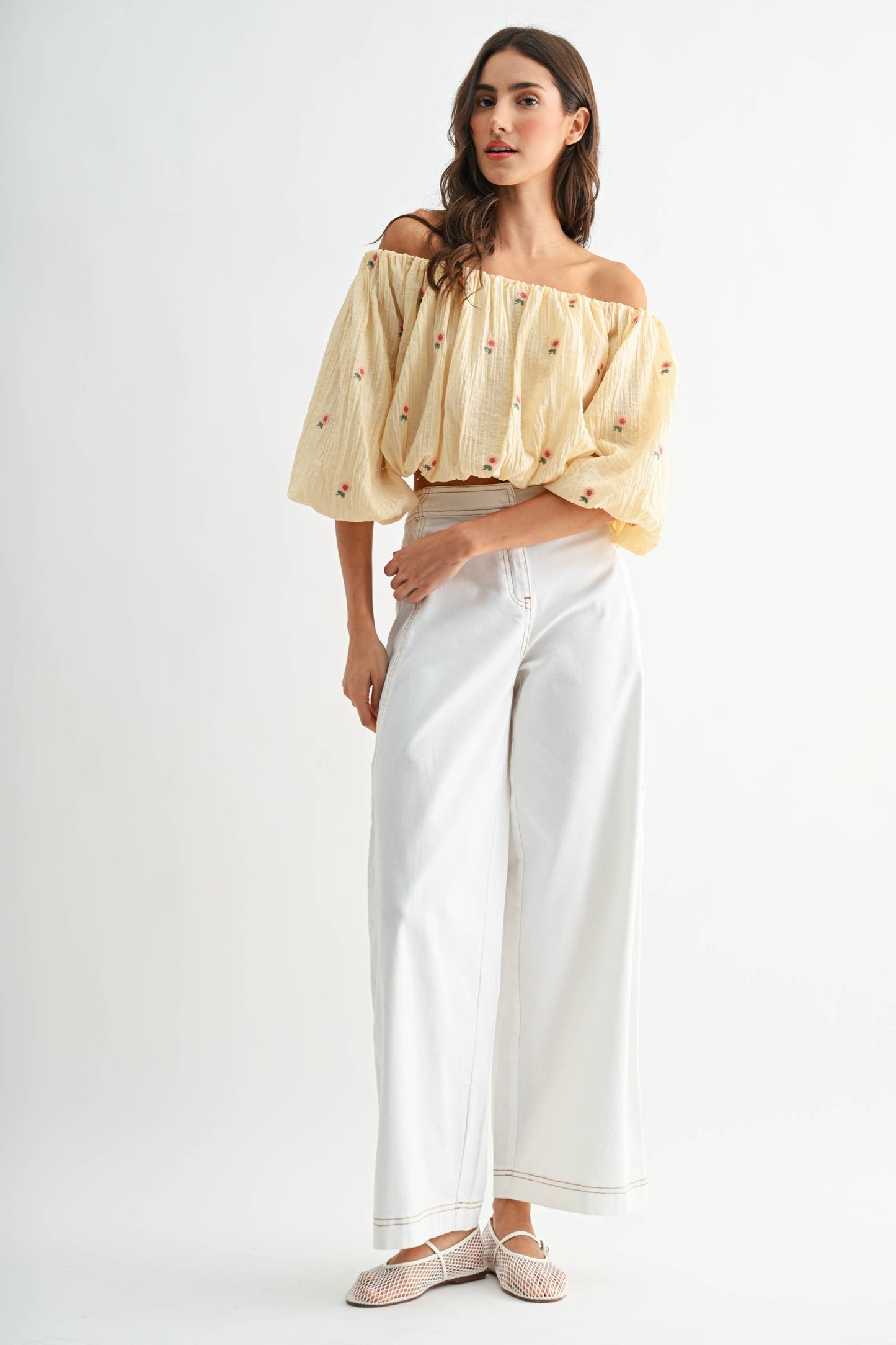 Off-The-Shoulder Lemonade Floral Embroidered Top