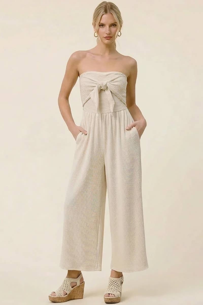 Solid Color Strapless Knotted Beachfront Jumper w/ Pockets