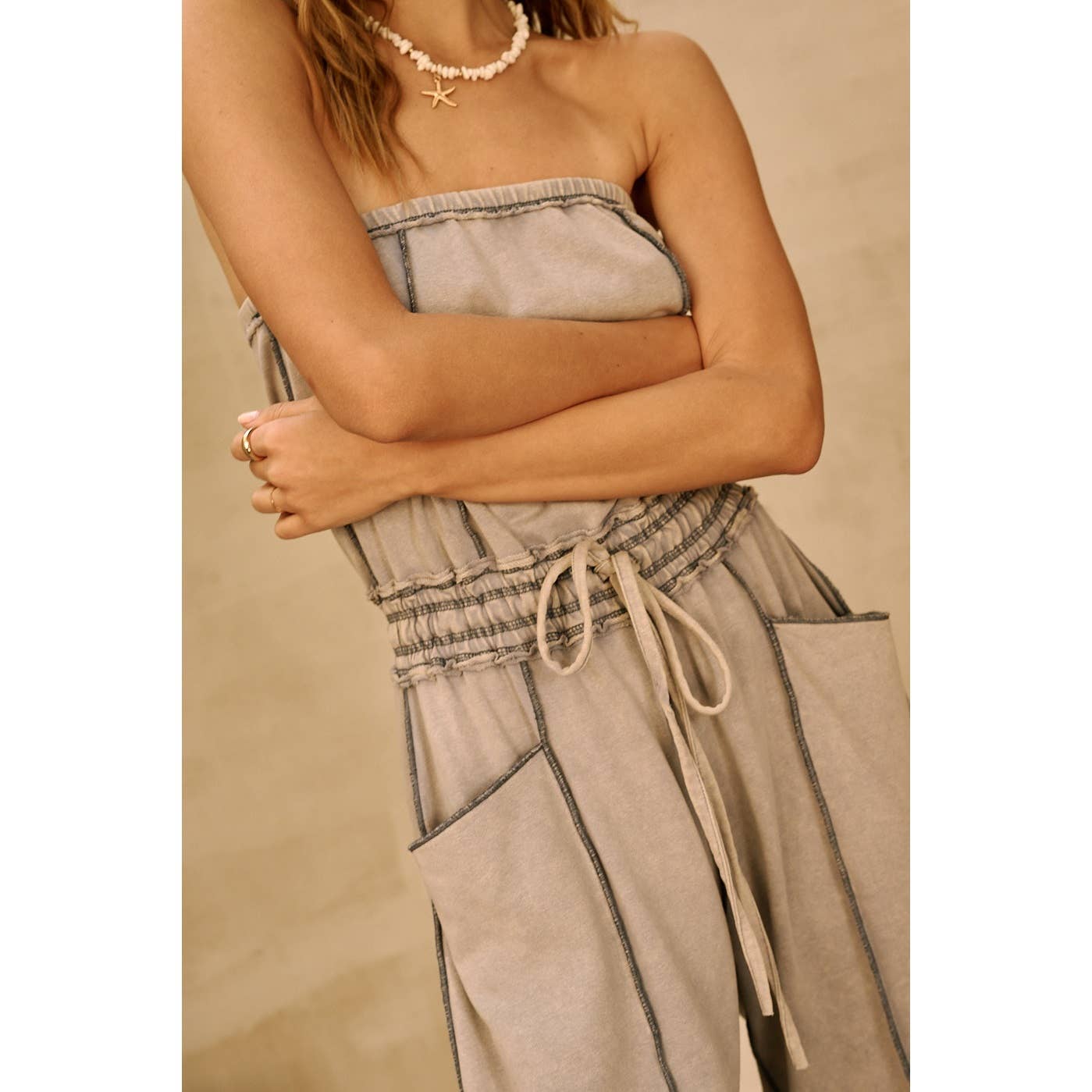Cloud Mineral Wash Contrast Stitch Barrel Leg Jumpsuit