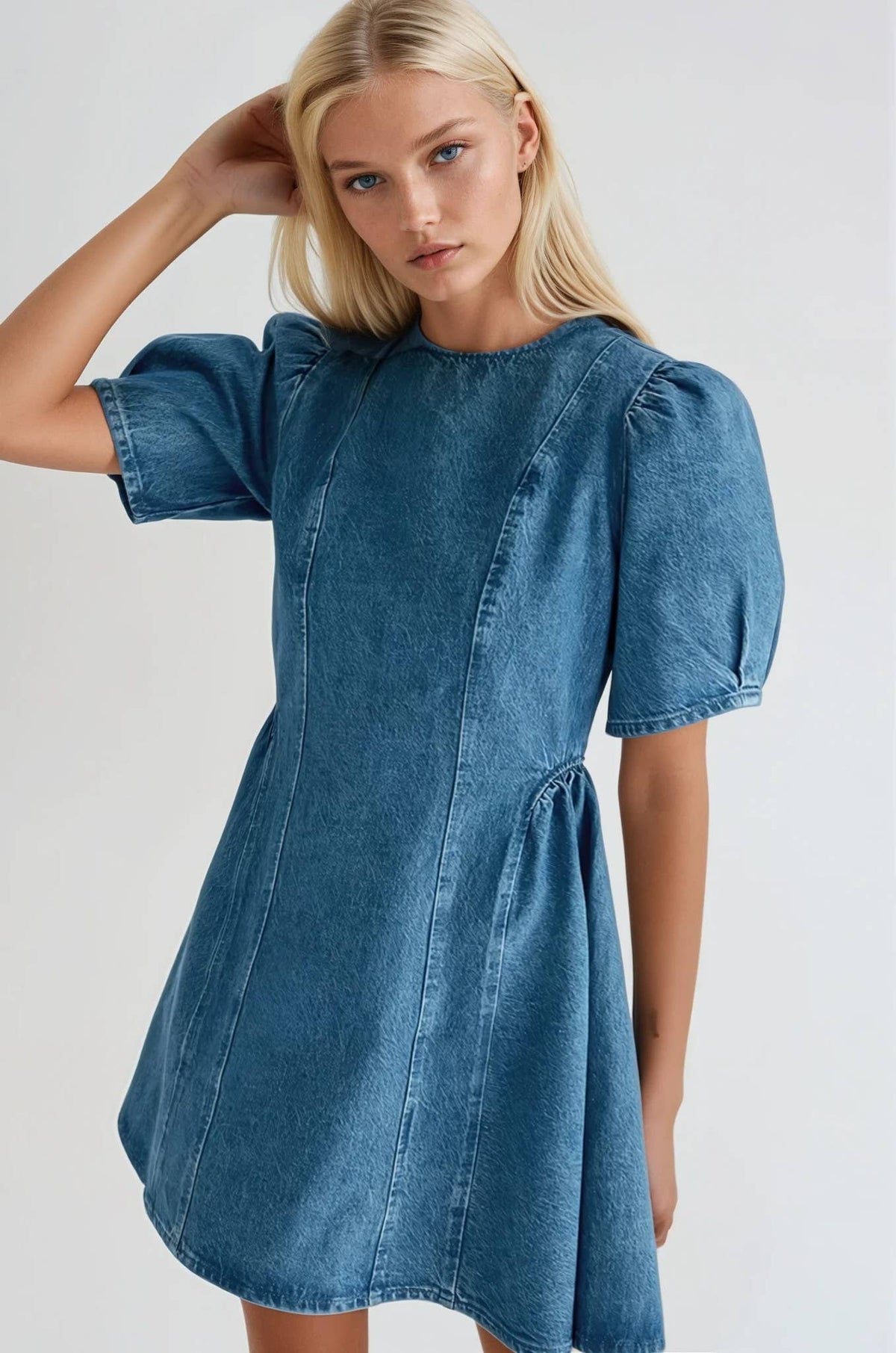 Rigidity Anne Denim A-Line Mini Dress Tie Detail
