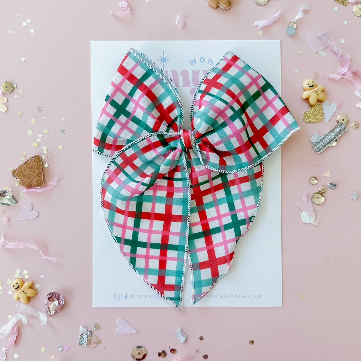 Pink and Mint Plaid Bow