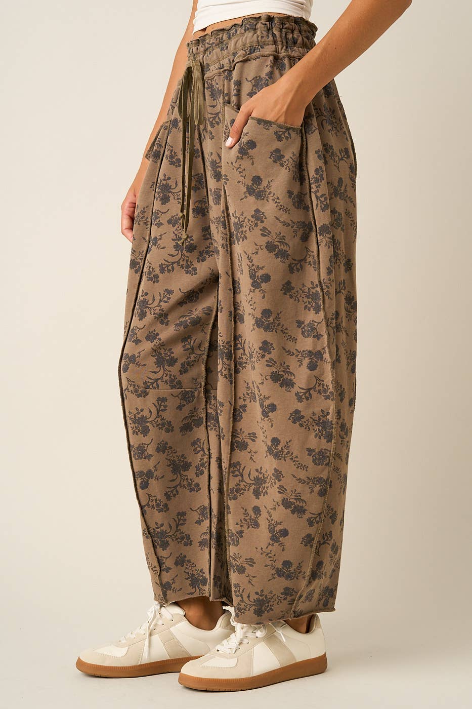 Mocha Floral Seam Detail Barrel Pants