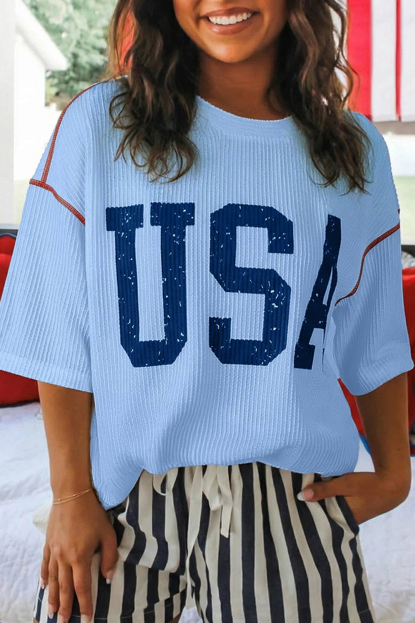 USA Ribbed Graphic Top Loose Fit Flag Day July 4th