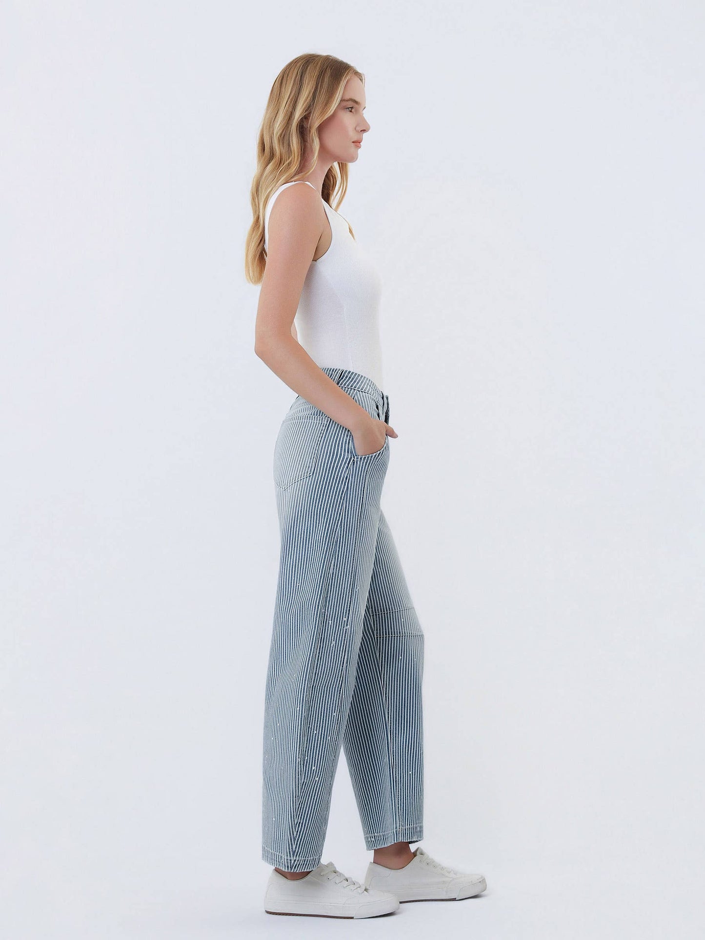 Harlow High-Rise Stripe Barrel w/ Paint Splashed Denim