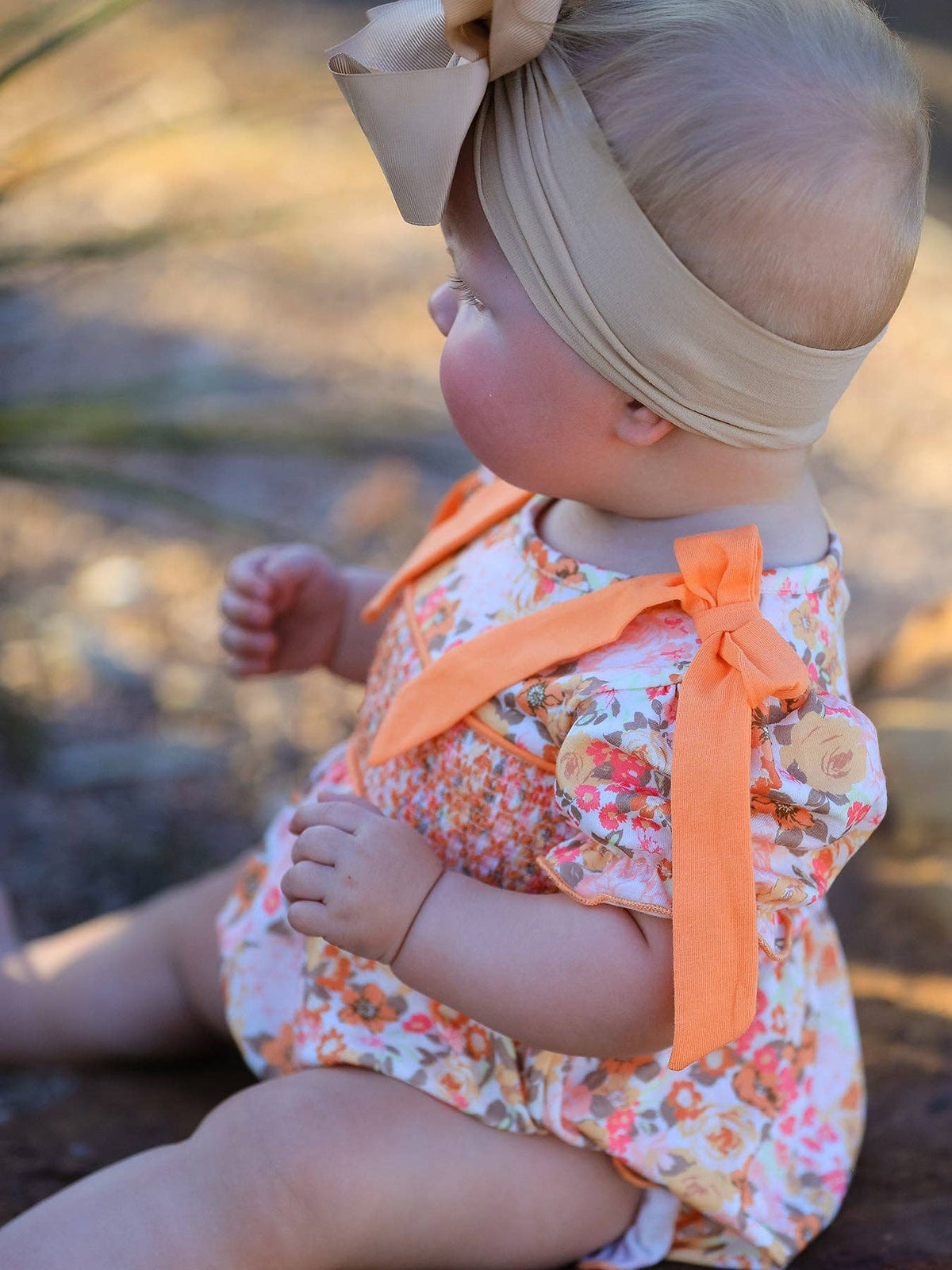 Peachy Bow Smocked Floral Bubble
