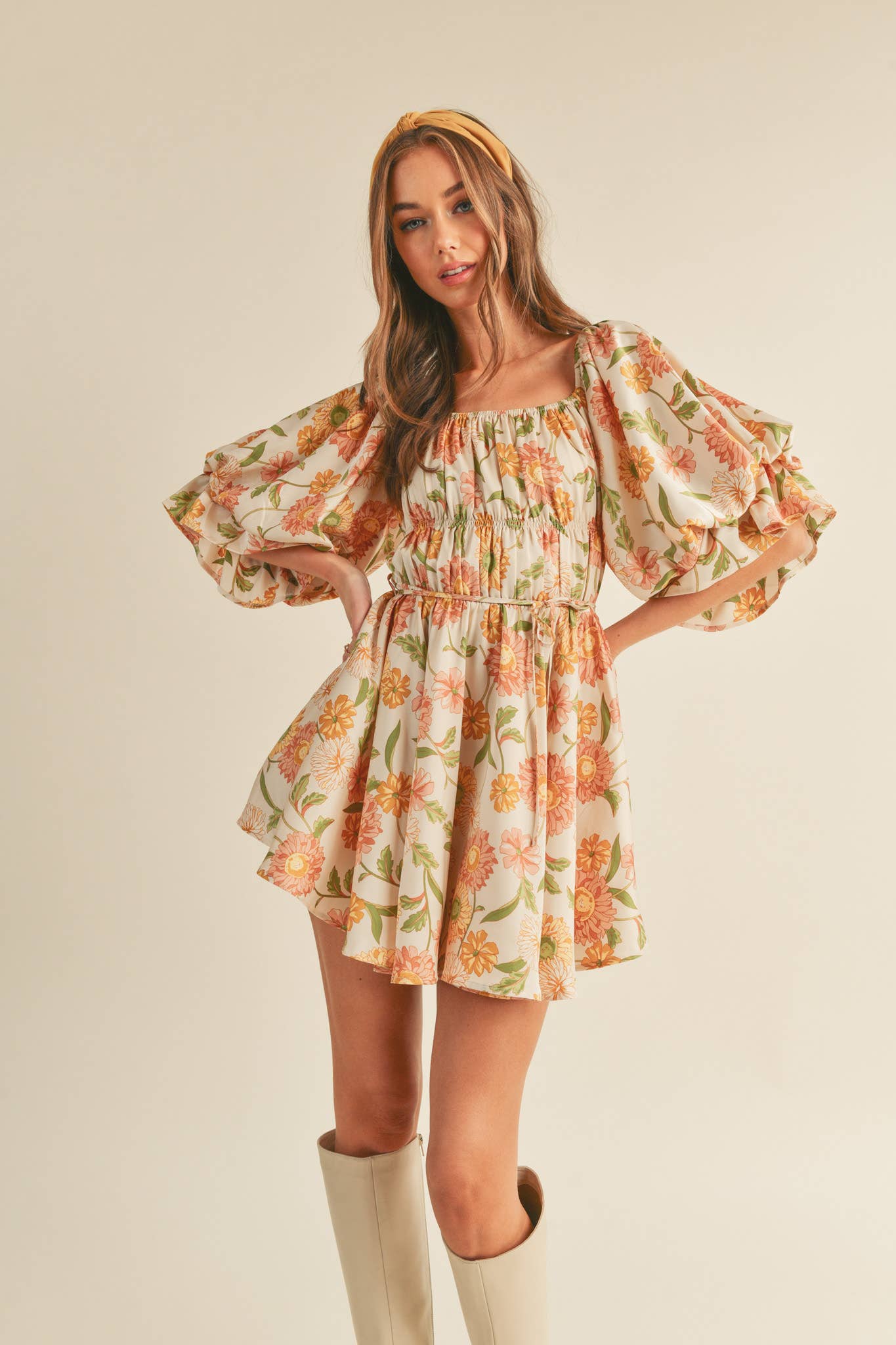 Eleighny Exclusive Satin Vintage Floral Bubble Sleeve Mini Dress