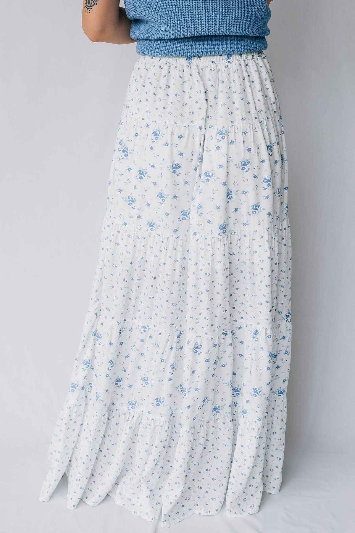 Hampton High Waist Delicate Blue Floral Boho Maxi Skirt