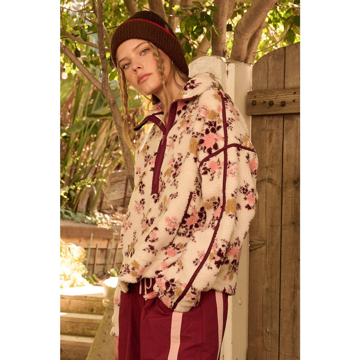 Floral Half-Zip Contrast Fleece Pullover