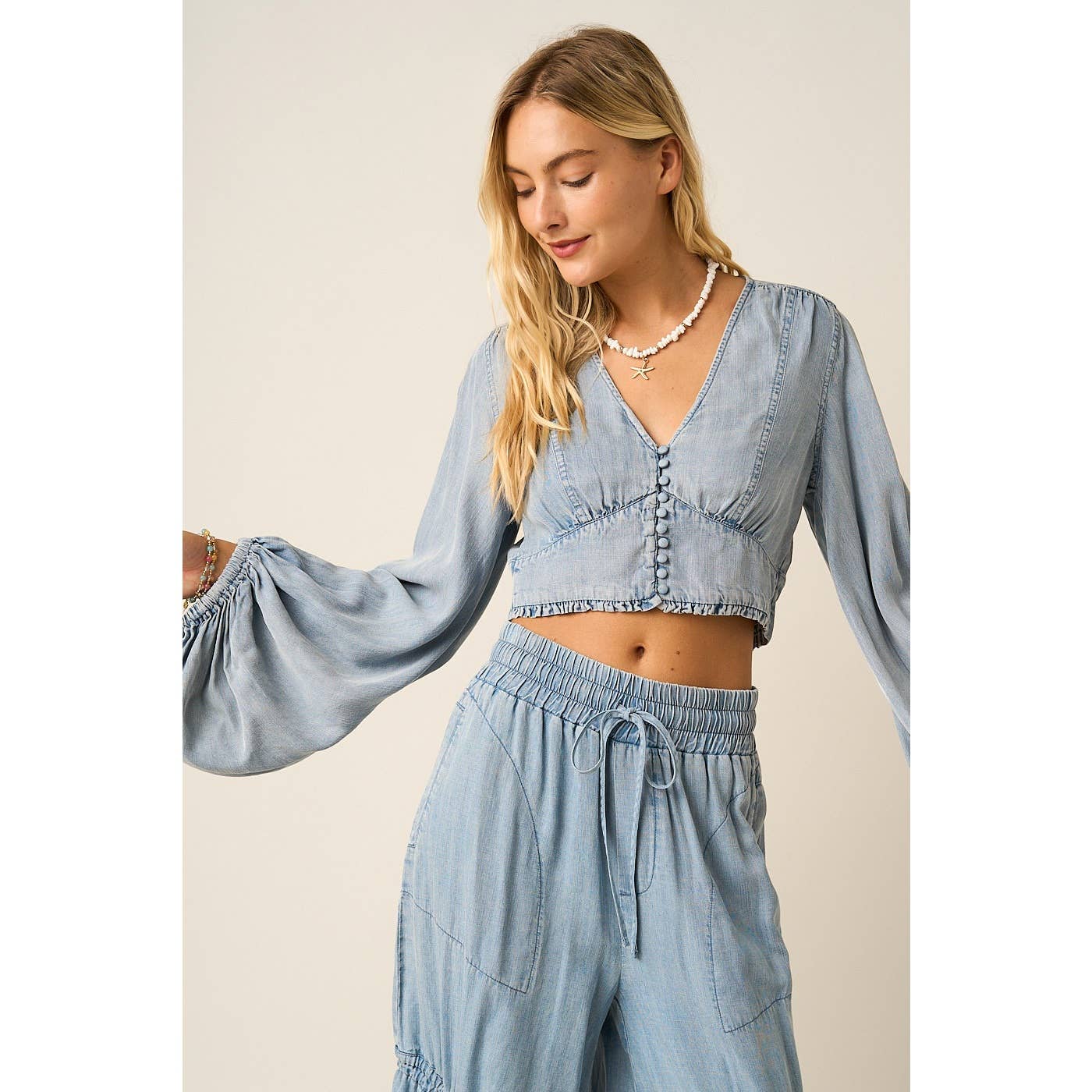 Ava Washed Chambray Vintage Button Balloon Sleeve Crop