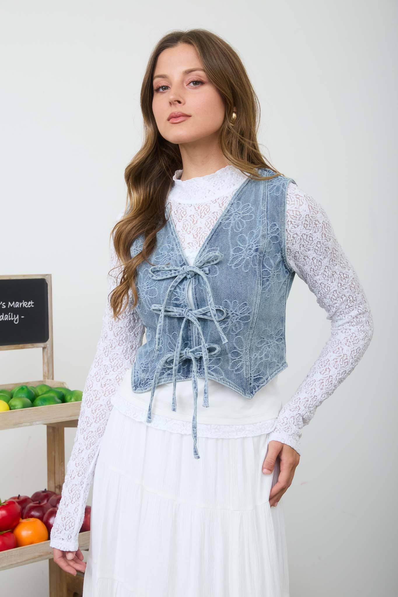 Raeann Floral Washed Denim Tie Front Vest