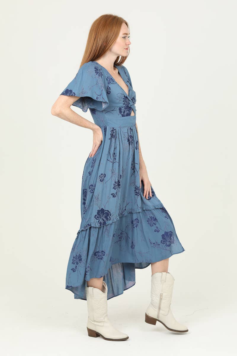 Moody Blue Cut Out Twist Front Maxi Dress