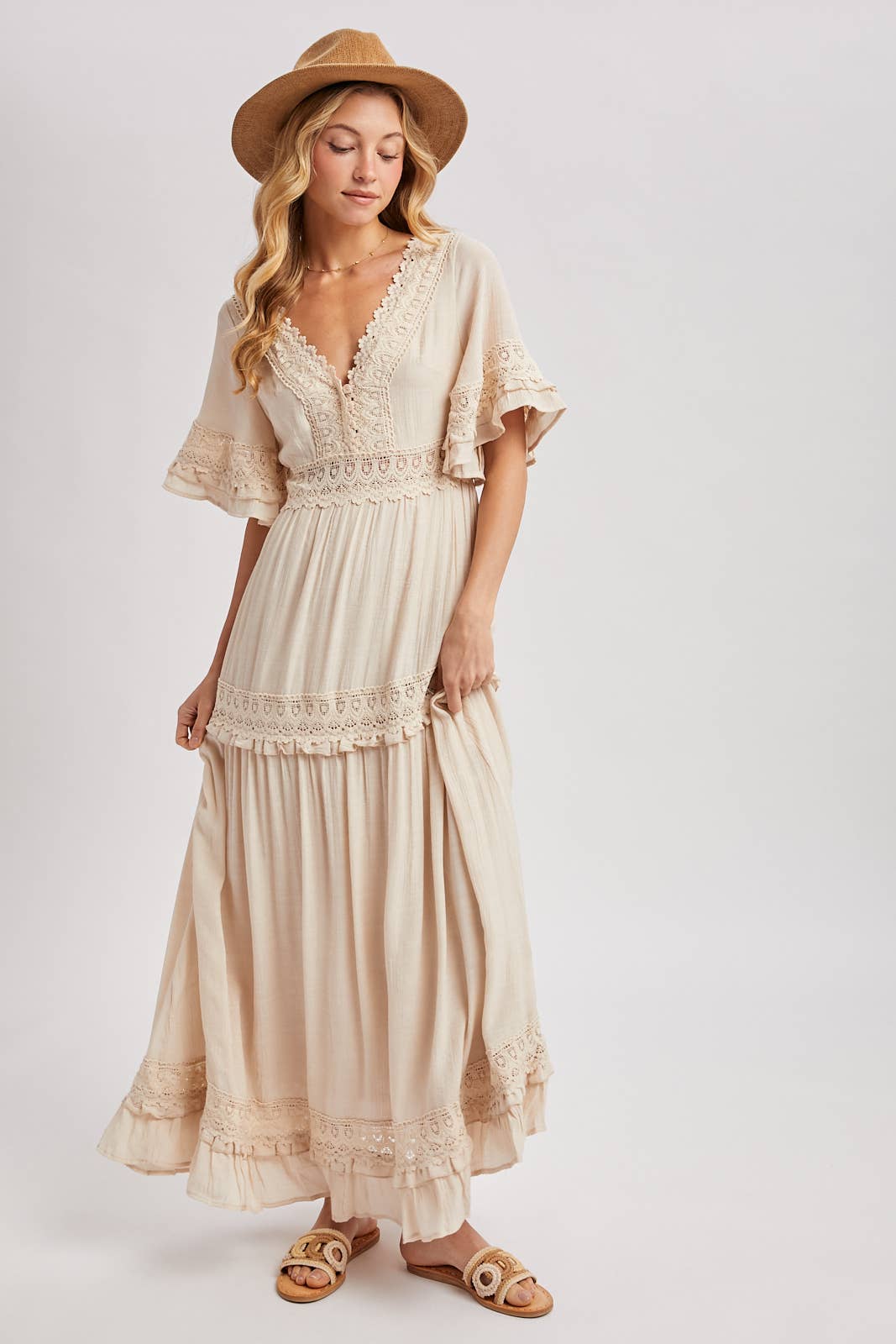 Ava V-Neck Lace Trim Maxi Dress
