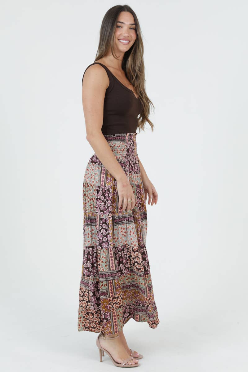 Tiered Bonnie Floral Patchwork Skirt w/Smocked Waistband