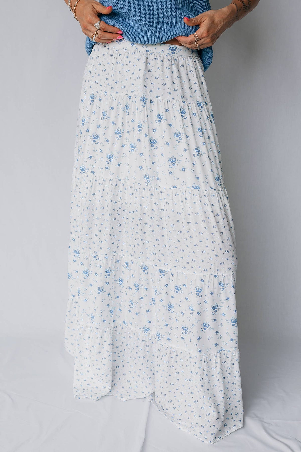 Hampton High Waist Delicate Blue Floral Boho Maxi Skirt