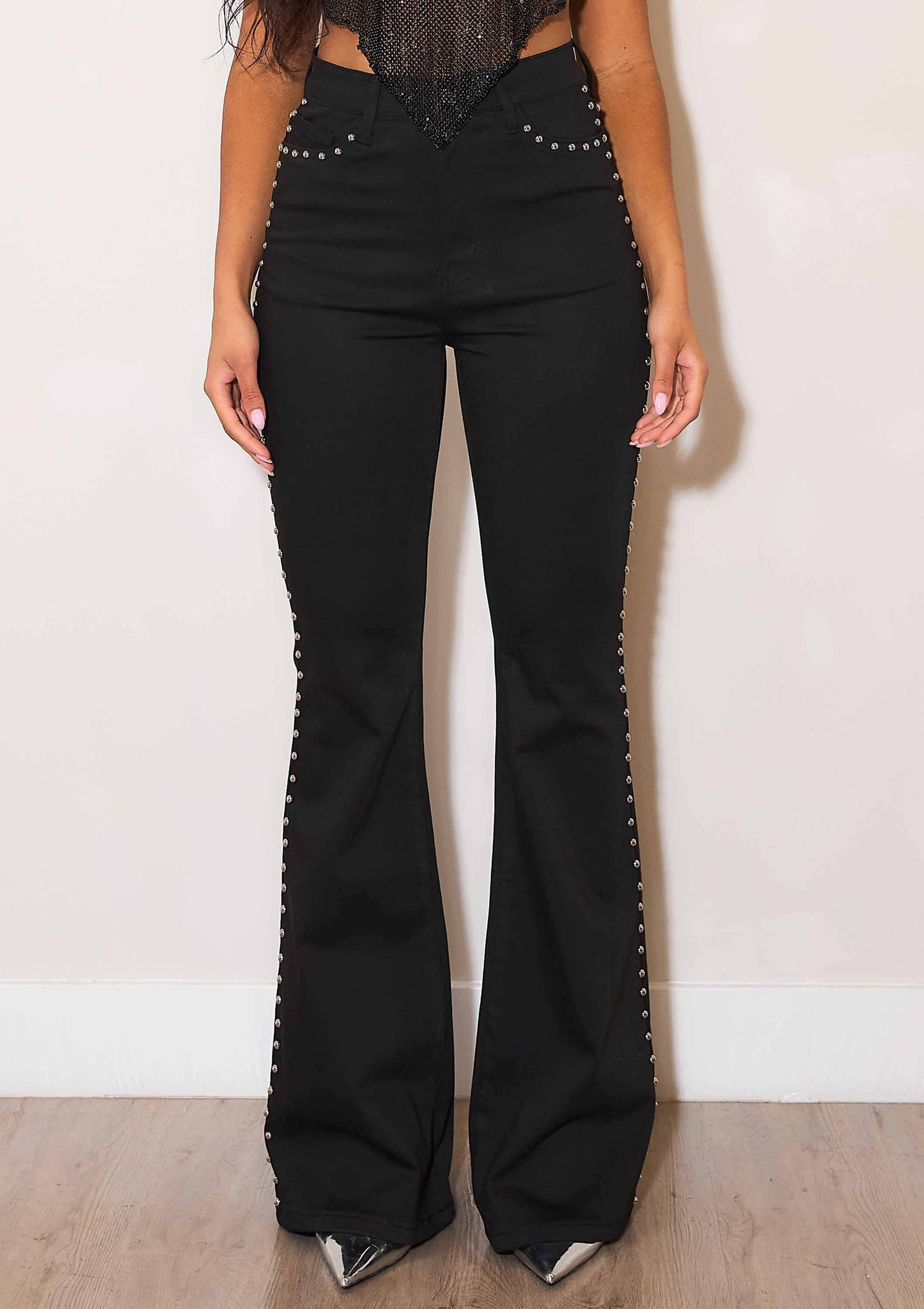 Black High-Rise Studded Flare Jeans