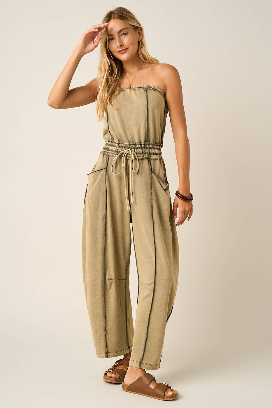 Matcha Mineral Wash Strapless Barrel Jumpsuit
