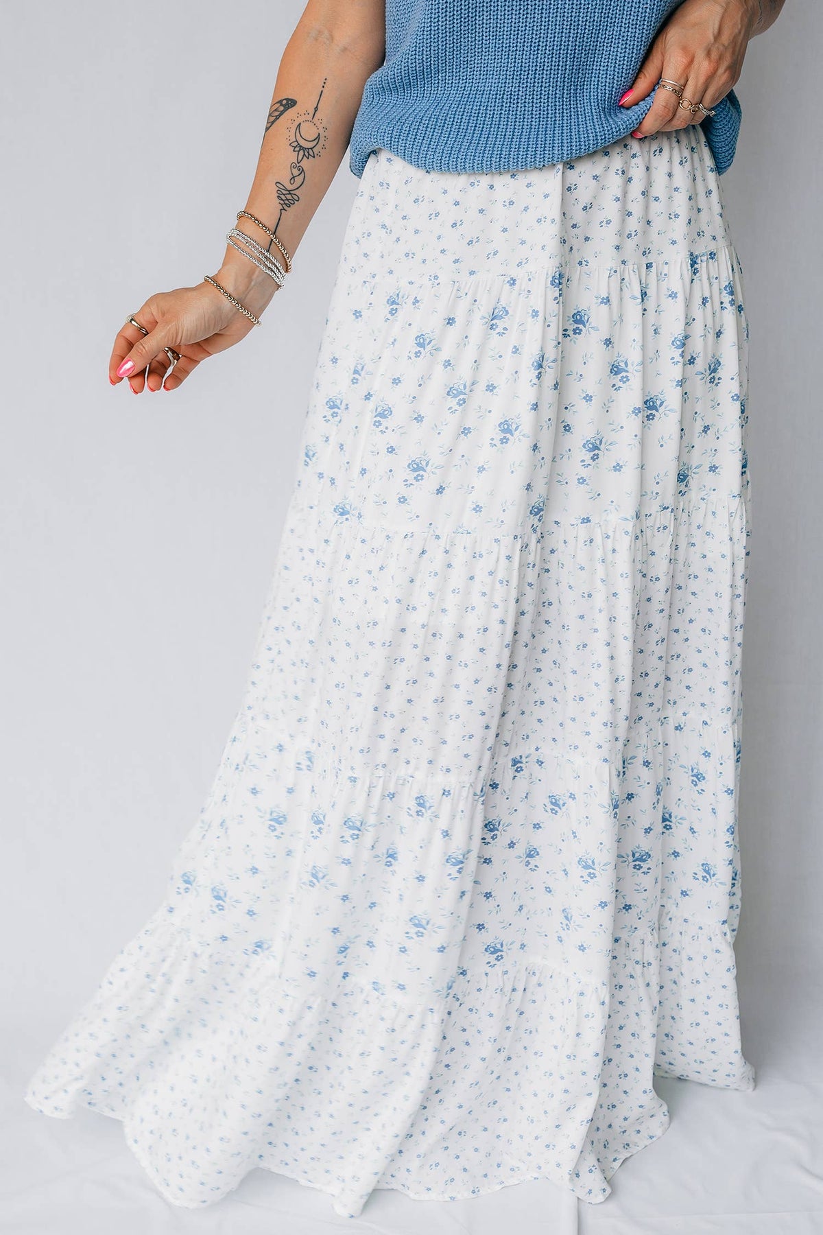 Hampton High Waist Delicate Blue Floral Boho Maxi Skirt