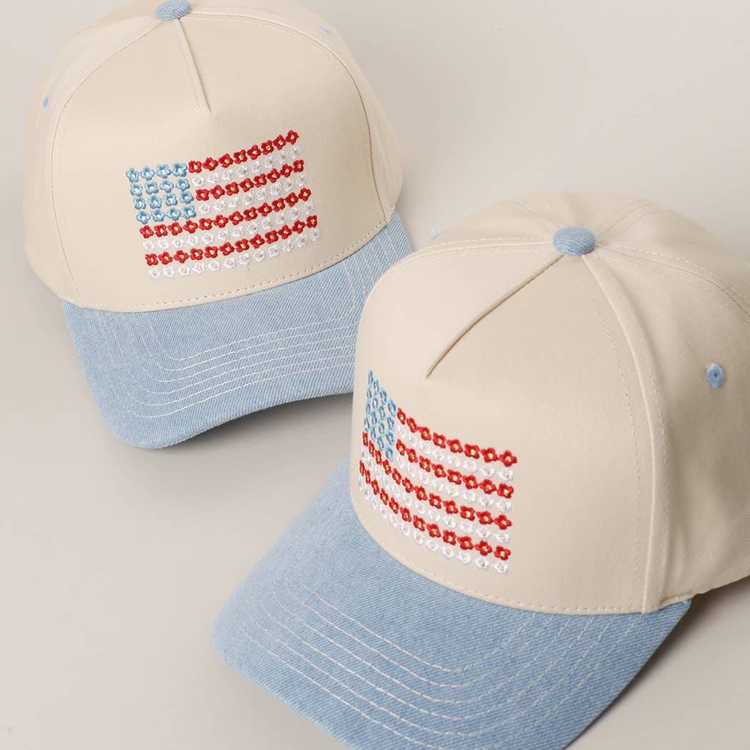 Floral American Flag Embroidered Hat