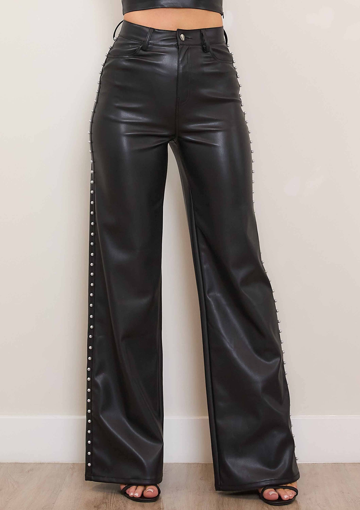 Concert Baddie Vegan Leather Wide Leg Pants With Pearl