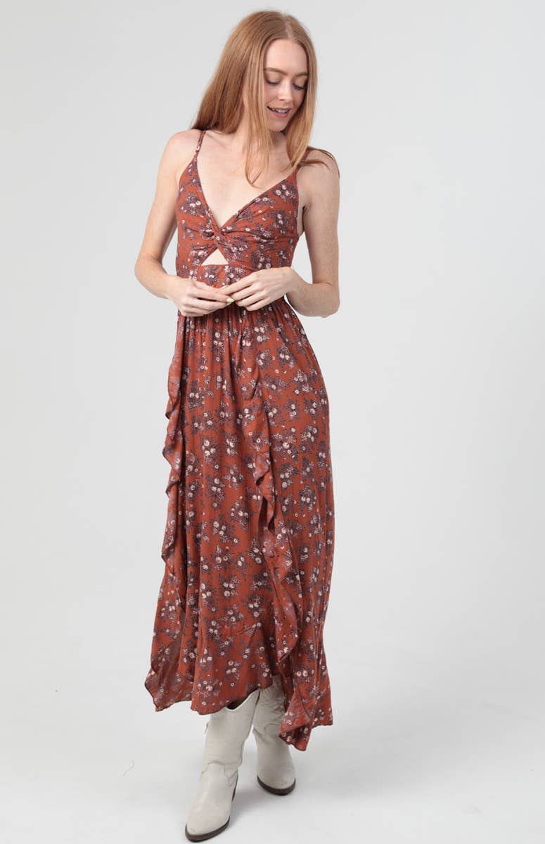 Tambra Twist Front Double Ruffle Maxi Dress w/Slit