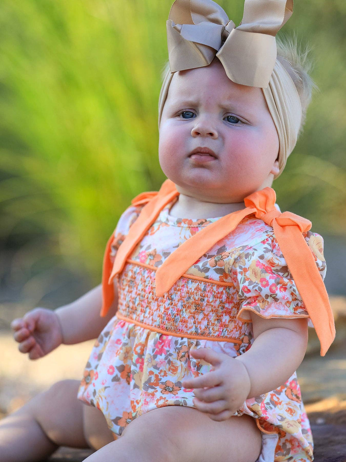 Peachy Bow Smocked Floral Bubble