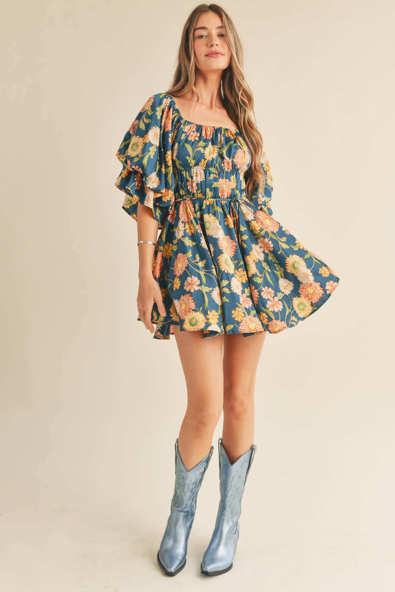 Eleighny Exclusive Satin Vintage Floral Bubble Sleeve Mini Dress