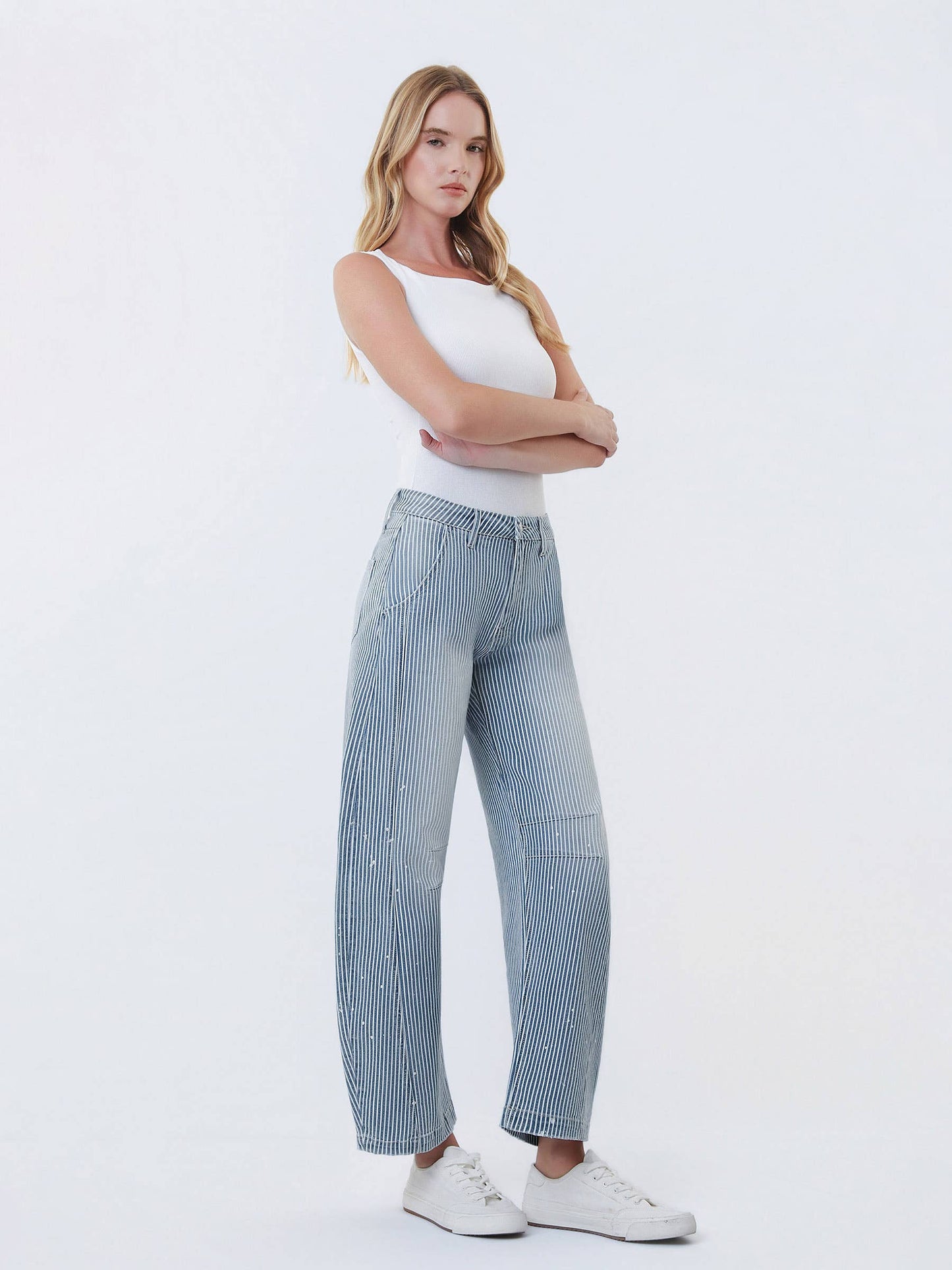 Harlow High-Rise Stripe Barrel w/ Paint Splashed Denim