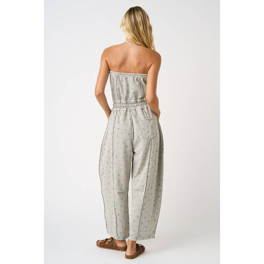 Floral Mineral Wash Contrast Stitch Barrel Leg Jumpsuit